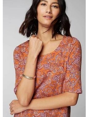 J.Jill Pima-Slub Scoop-Neck Side-Slit Tee Medium Petite Apricot Paisley